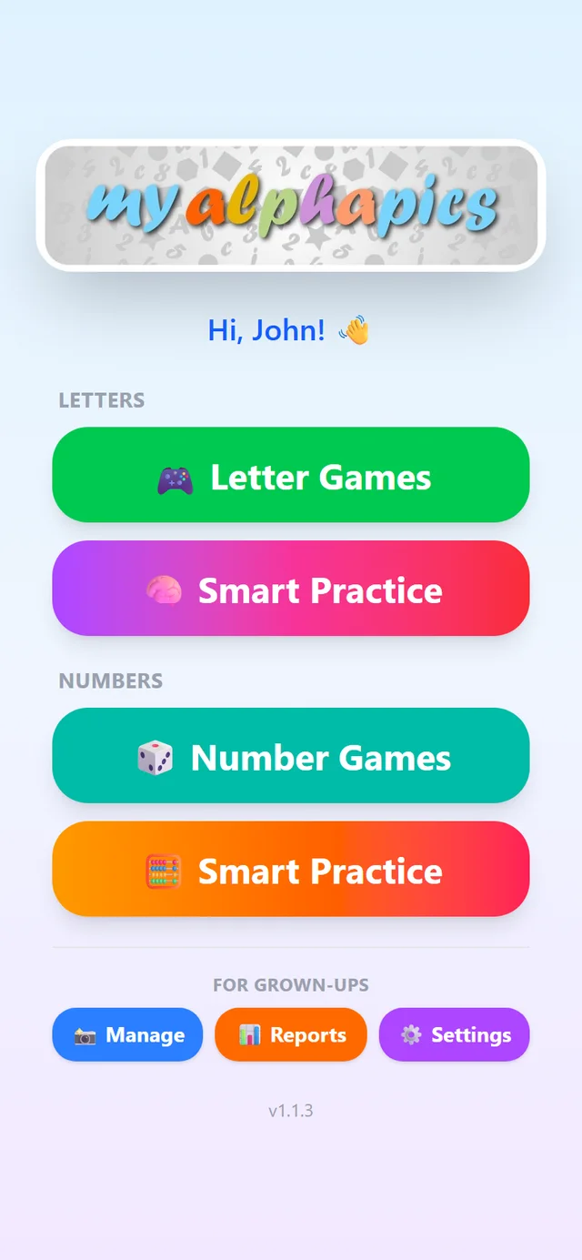 The MyAlphaPics main menu — Letters, Numbers, and For Grown-Ups