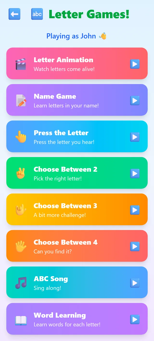 The Letter Games menu in MyAlphaPics