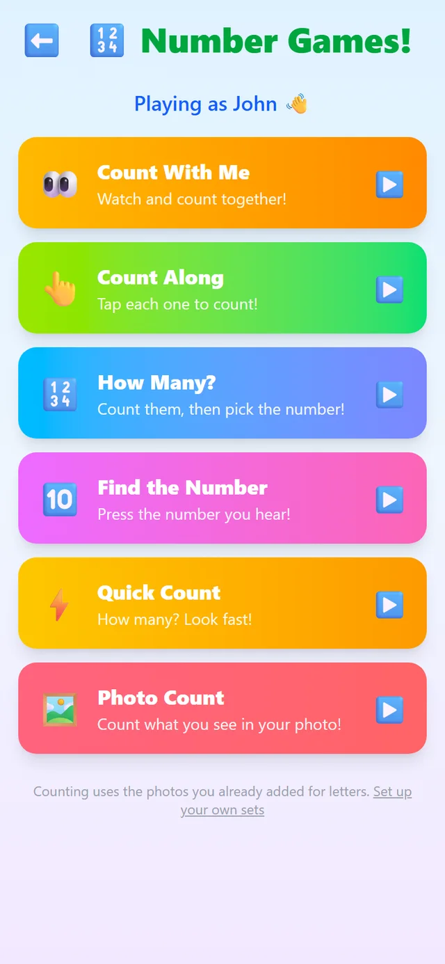 The Number Games menu in MyAlphaPics