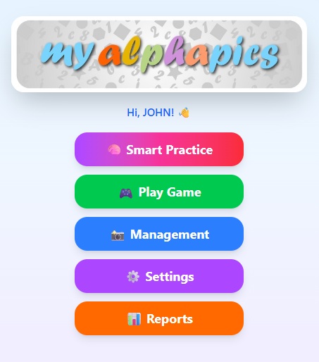 MyAlphaPics main menu — select Reports
