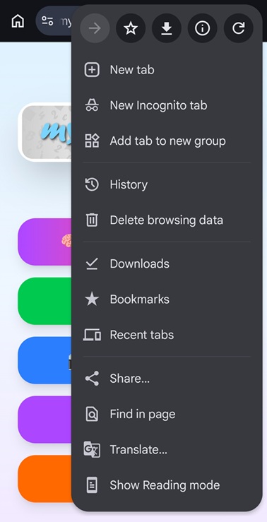 Top of Chrome menu on Android