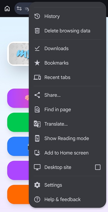 Scroll down in Chrome menu to find Add to Home Screen