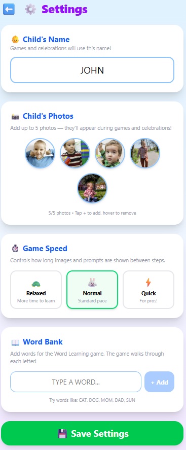 MyAlphaPics Settings screen
